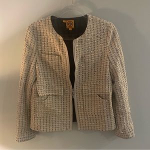 Tan/multi tweed Tory Burch “holly” jacket Sz 8 zip-up